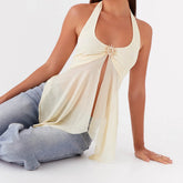 BXOXO Sexy Tie-up V Neck Backless Flowy Split Hem Crop Top Women Y2K Mesh Halter Camis Summer Vest Coquette Club Party Rave